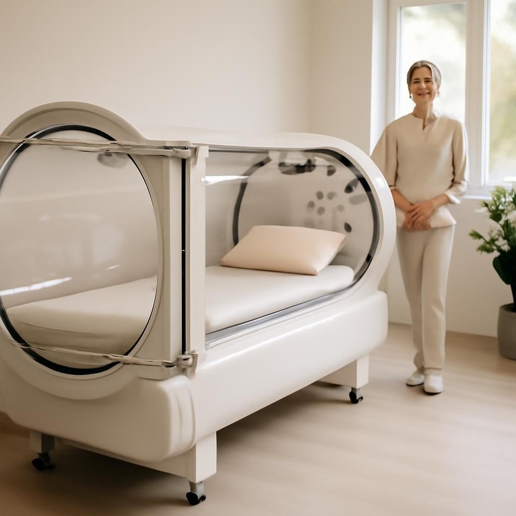 hiperbaricna-komora-cena-dejavniki-stroskov-202609100901 Notranjost hiperbarične komore v umirjenem wellness prostoru s prijaznim osebjem