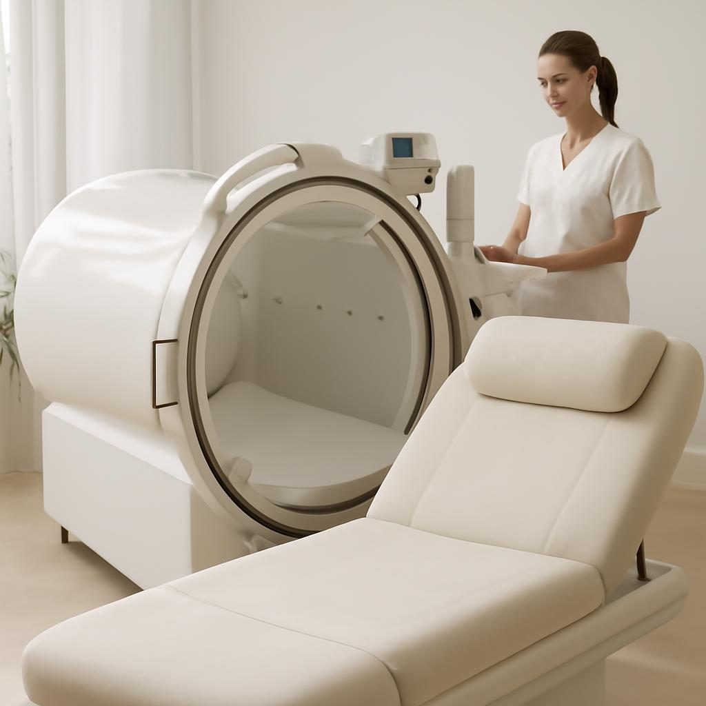 hiperbaricna-komora-za-celjenje-ran-202608110901 Notranjost hiperbarične komore v svetlem medicinskem wellness prostoru z udobnim ležiščem