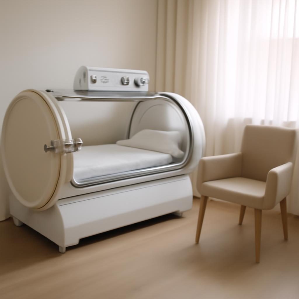 hiperbaricna-komora-za-migrene-realna-pricakovanja-202608270901 Hiperbarična komora v svetlem in mirnem wellness/medicinskem prostoru z ležiščem in urejenim okoljem.