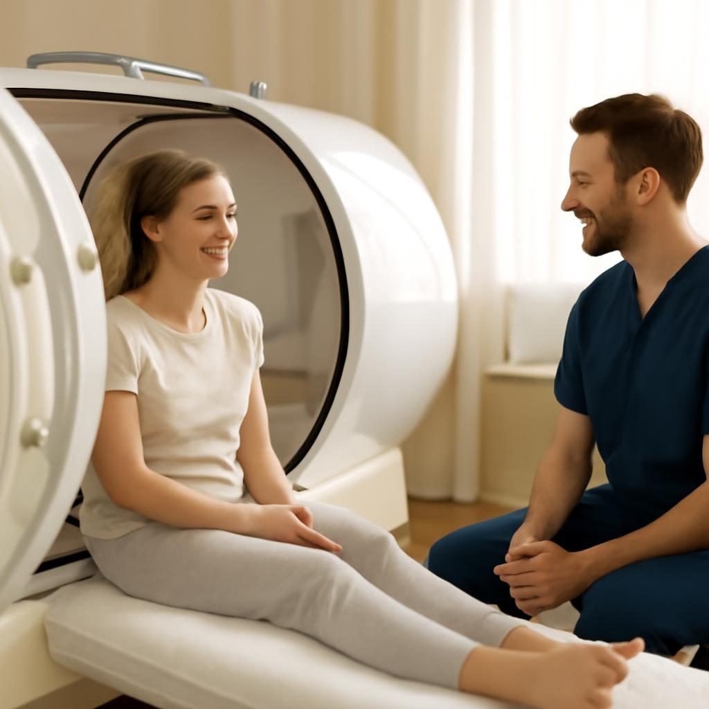 kako-poteka-terapija-202609240900 Notranjost hiperbarične komore s pacientom in terapevtom v umirjenem wellness okolju