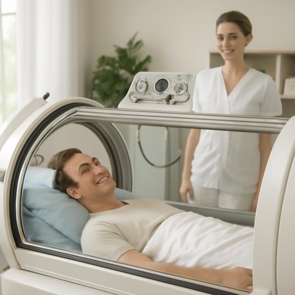 Svetla hiperbarična komora z mirnim pacientom in osebjem v medicinskem/wellness okolju.